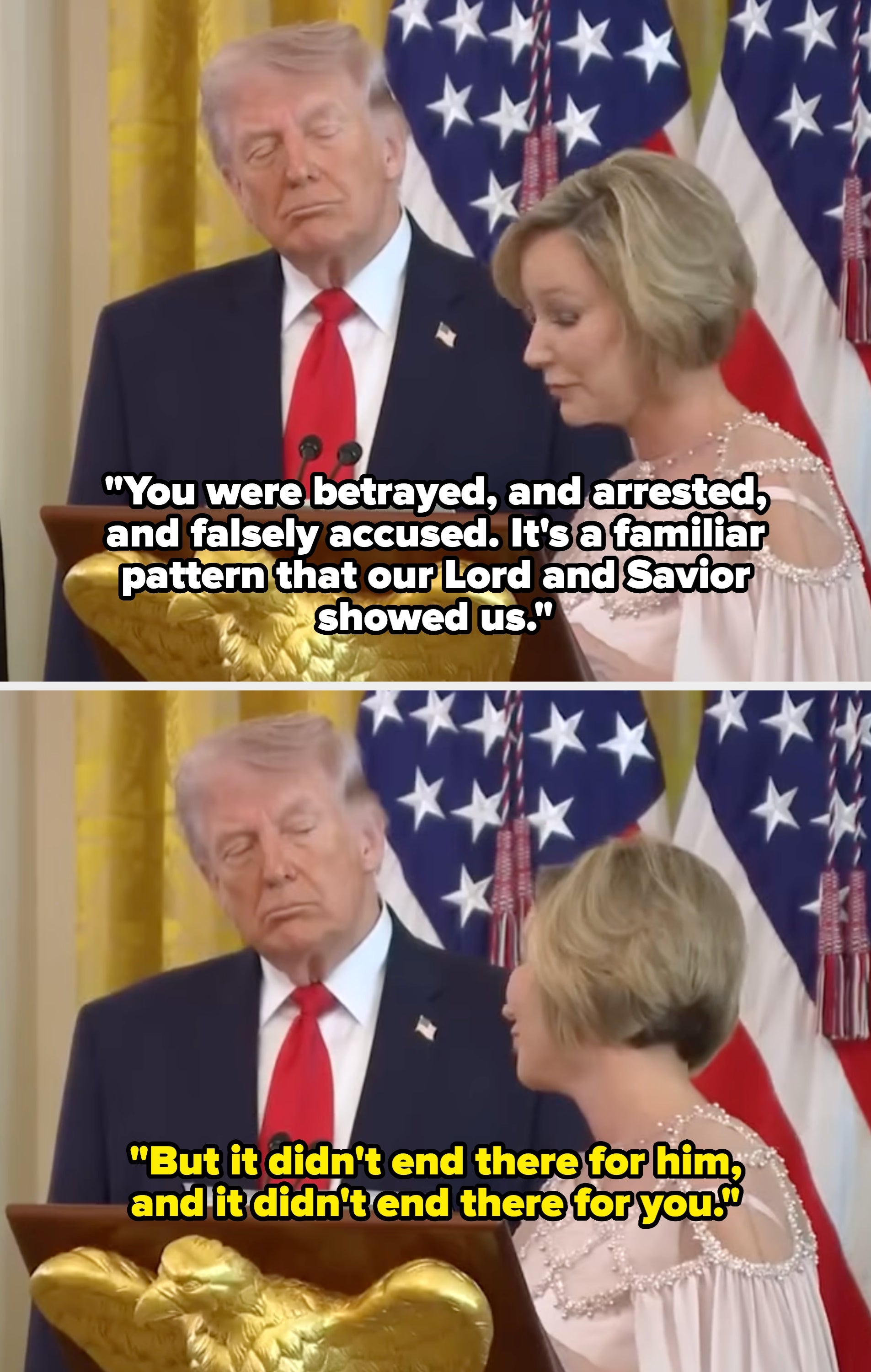 Jeg vet ikke hvem disse personene er. En mann i dress og rødt slips står bak en kvinne og snakker på et podium med en kongeørn