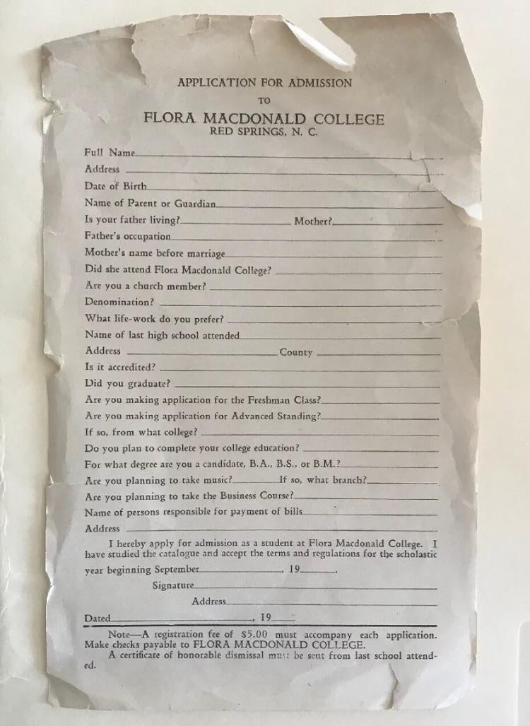 Old assemblage   admittance  signifier  for Flora Macdonald College, asking for idiosyncratic   details, acquisition  history, and aboriginal   world  plans