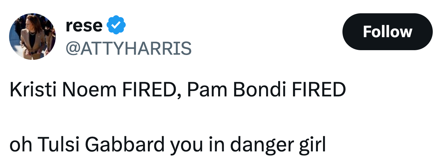 Tweet av @ATTYHARRIS: "Kristi Noem FIRED, Pam Bondi FIRED, oh Tulsi Gabbard you in danger girl."