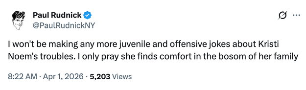 Tweet by Paul Rudnick, expressing intent to halt  making violative  jokes astir  Kristi Noem, hoping she finds comfortableness  with her family