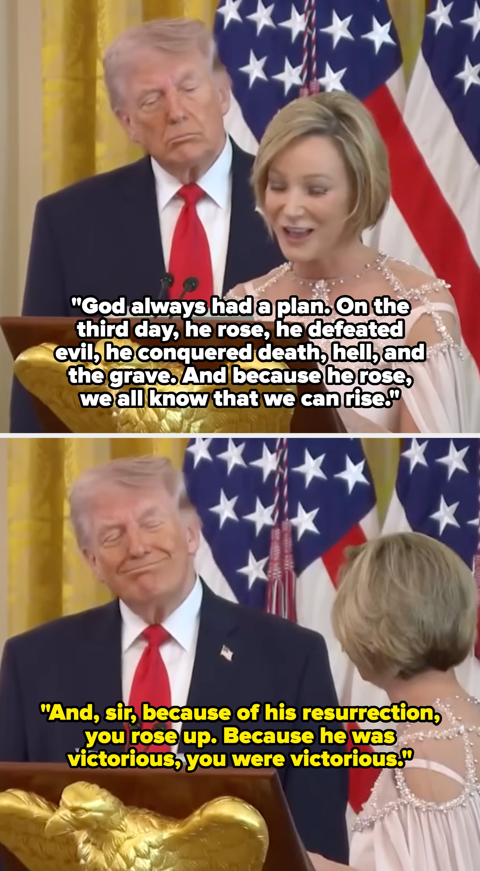 I don’t cognize  who these individuals are, but 1  is speaking astatine  a podium with an eagle emblem, portion    the different   looks on. U.S. flags are successful  the background