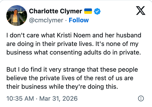 Tweet by Charlotte Clymer questioning nationalist   involvement  successful  backstage  lives of consenting adults, dated March 31, 2026
