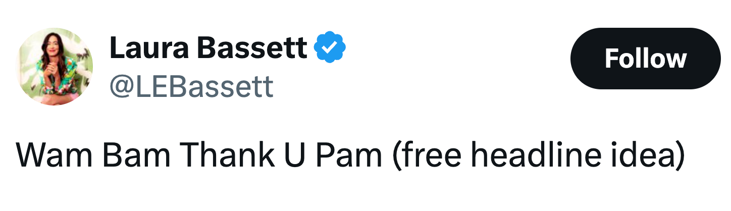 Tweet av Laura Bassett foreslår "Wam Bam Thank U Pam" som en gratis overskriftside