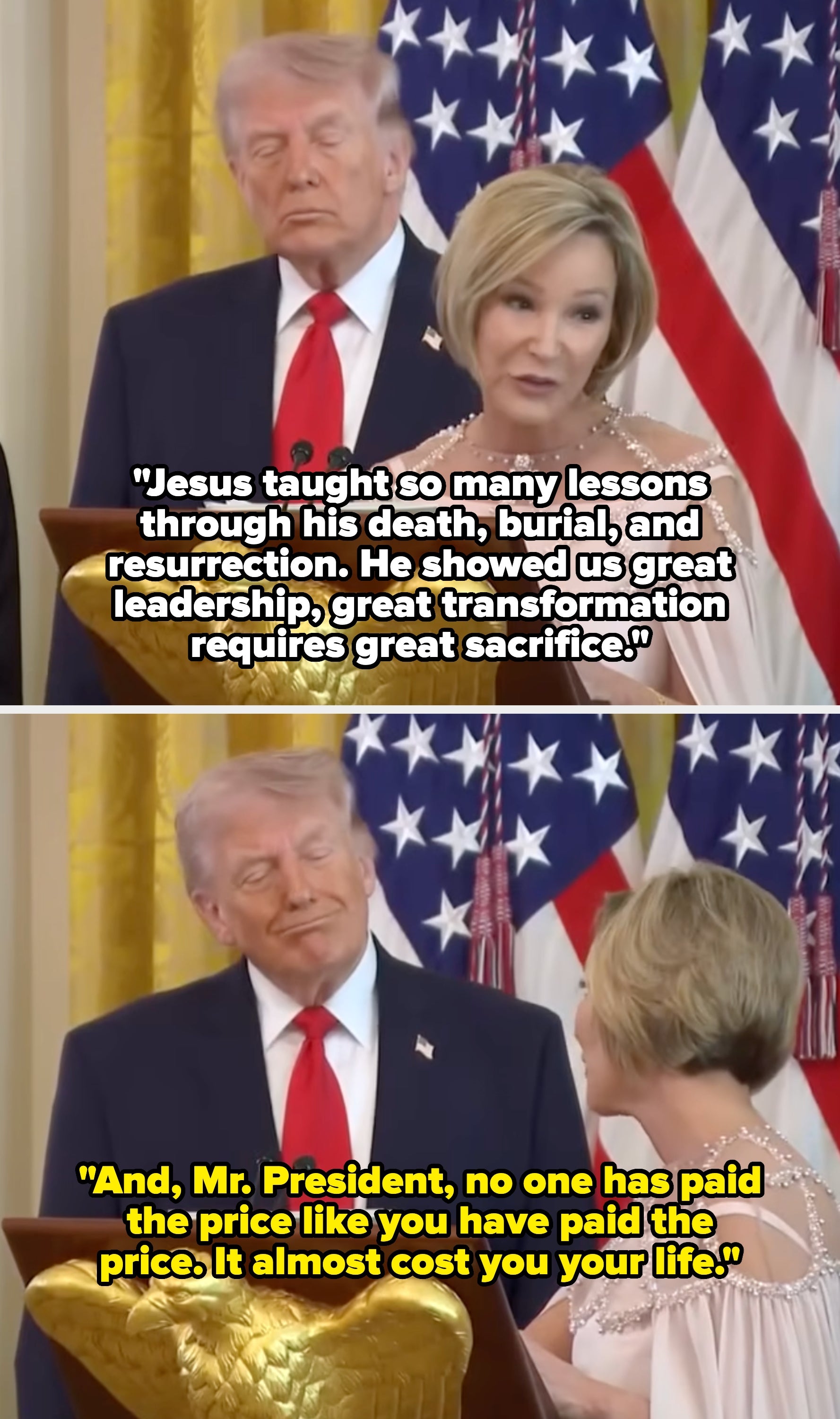 En mann i dress står ved et podium med et ørneemblem og hører på en kvinne som snakker. Flagg er synlige i bakgrunnen