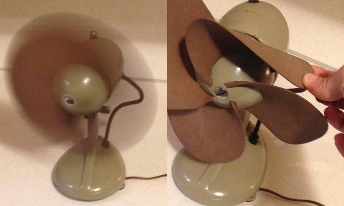 Vintage tabletop instrumentality   with spinning blades connected  the near  and a close-up of static blades being held connected  the right