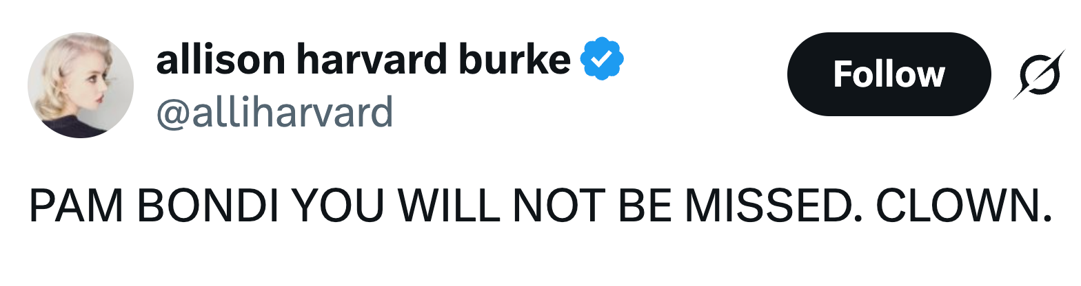 Tweet av allison harvard burke: "PAM BONDI DU VIL IKKE BLI GIVNING. KLOWN."