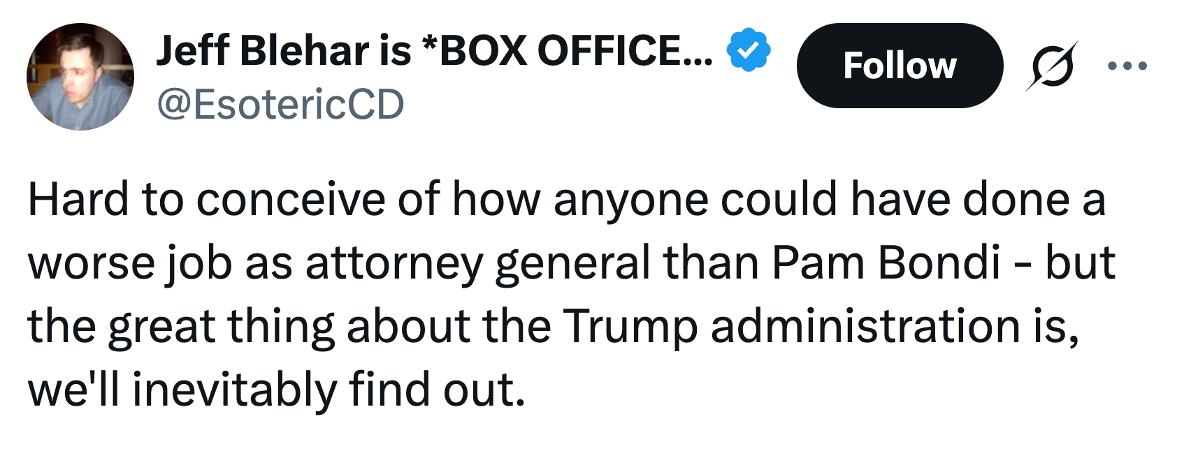 Tweet kritiserer Pam Bondis jobb som riksadvokat, og antyder at Trump-administrasjonen kan avsløre verre