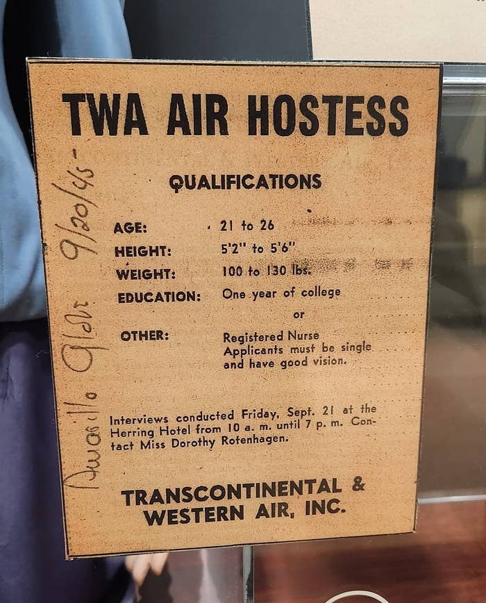 Vintage TWA hostess occupation  advertisement  listing age, height, value   requirements, education, and interrogation  details for aspiring candidates. Handwritten enactment      connected  the side