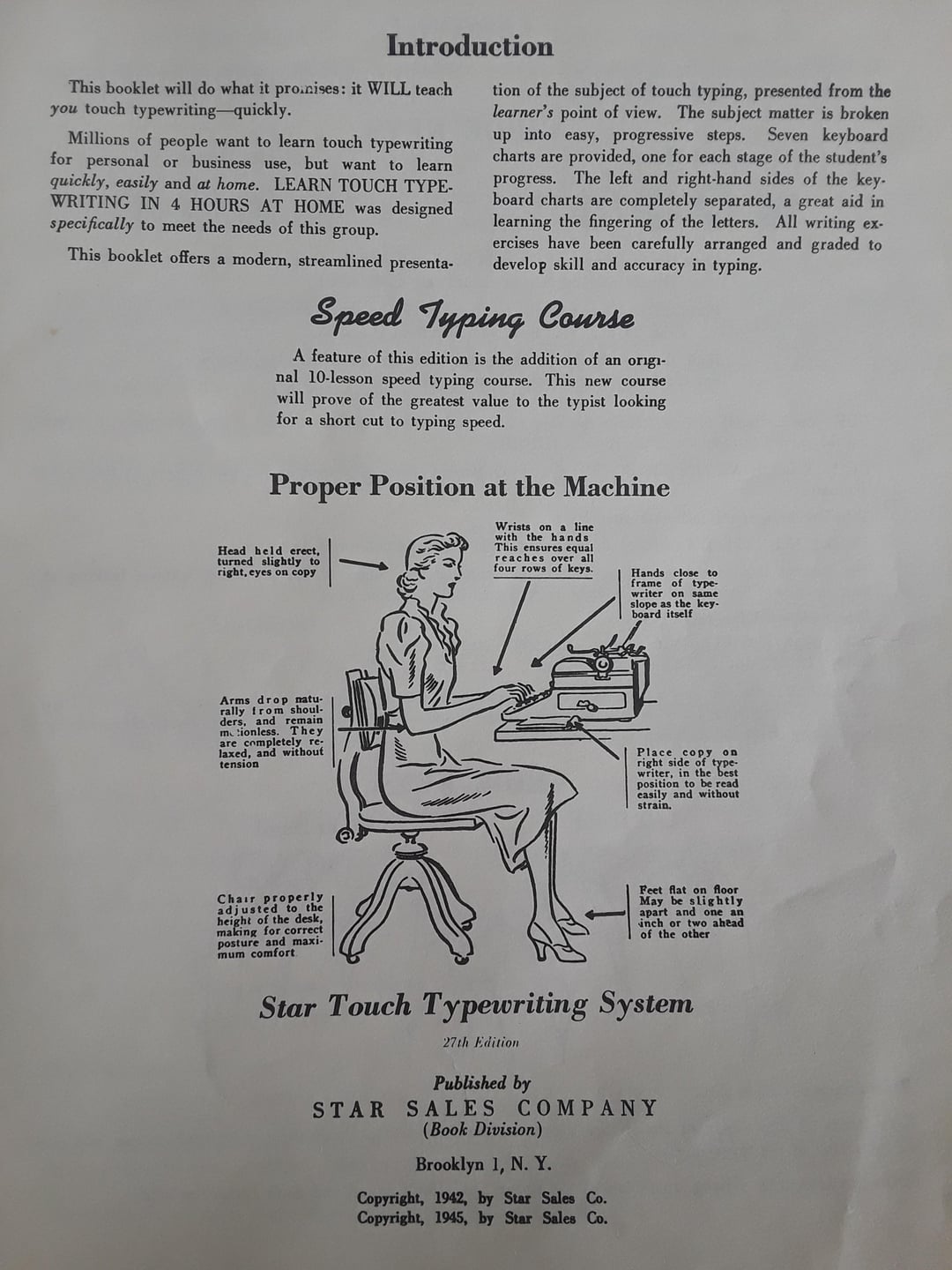 Vintage typewriting booklet leafage   detailing a velocity  typing course, due  typing posture, and promoting the Star Touch Typewriting System
