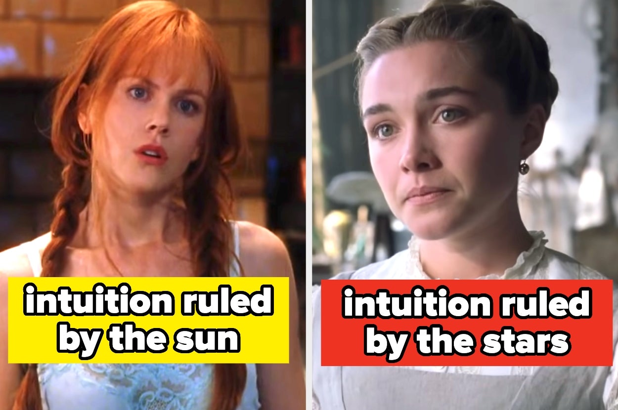 Split image of two actors: left, wearing a casual top with long hair; right, in period costume. Text: "intuition ruled by the sun/stars"