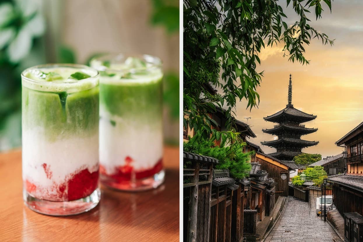 Two glasses of layered green, white, and red drinks; a pagoda at sunset in a traditional Japanese street