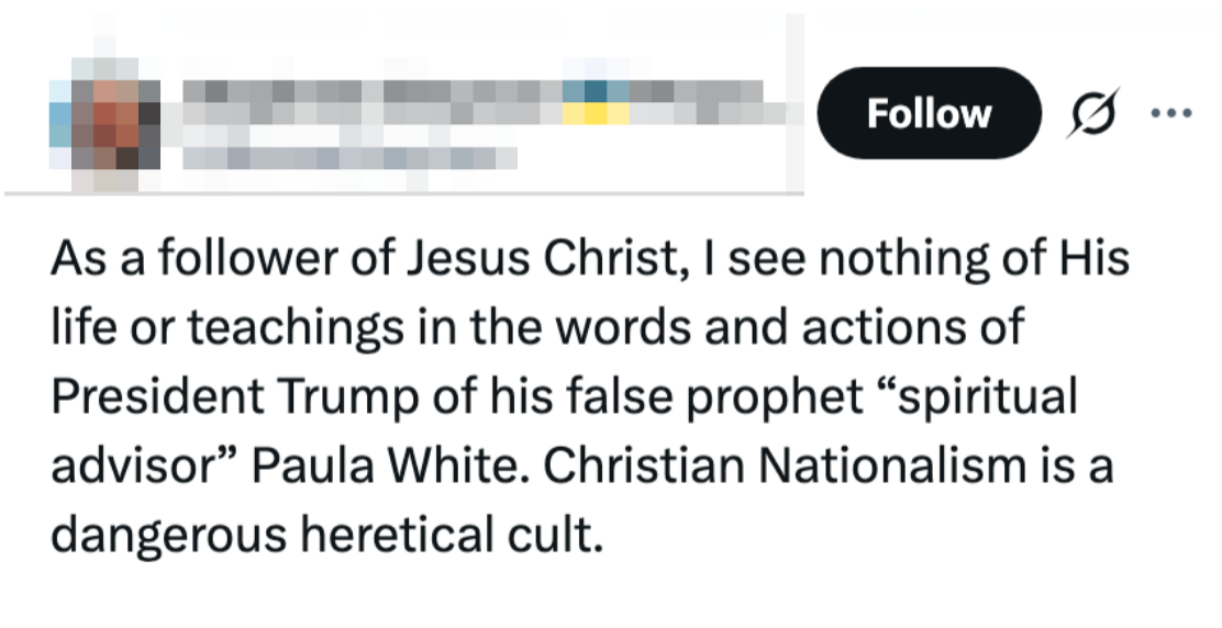Et innlegg på sosiale medier kritiserer Paula White som en falsk profet og stempler kristen nasjonalisme som en kjettersk kult