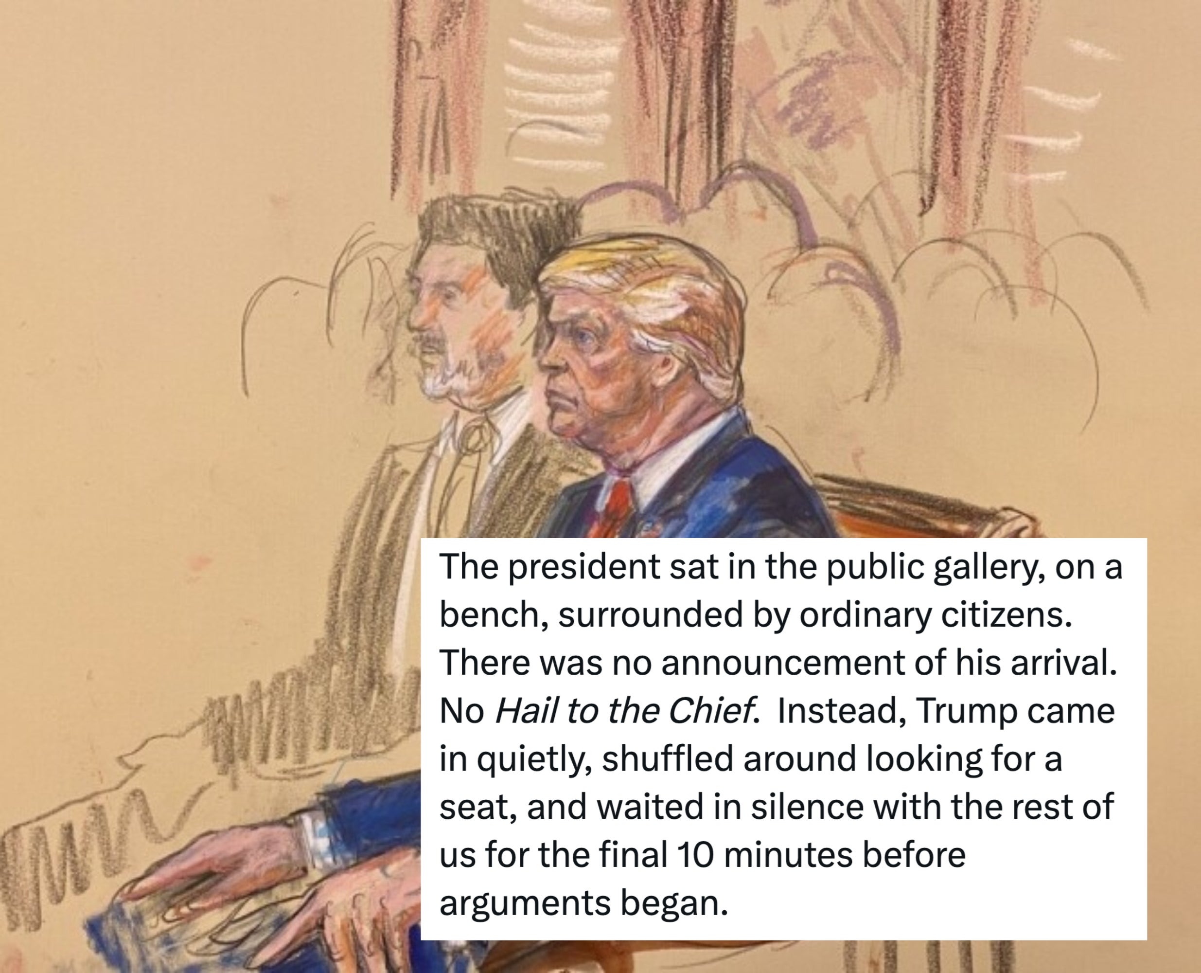 Rettssalskisse som viser to menn sittende, en med særegent hår, i dress, som virker oppmerksomme. Bakgrunnen har detaljer om rettssalen