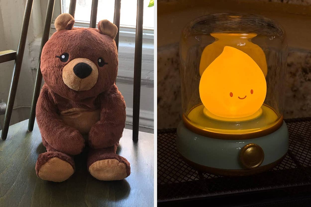 Child holding a plush toy matching their drawing; right image shows a glowing, smiling flame-shaped night-light
