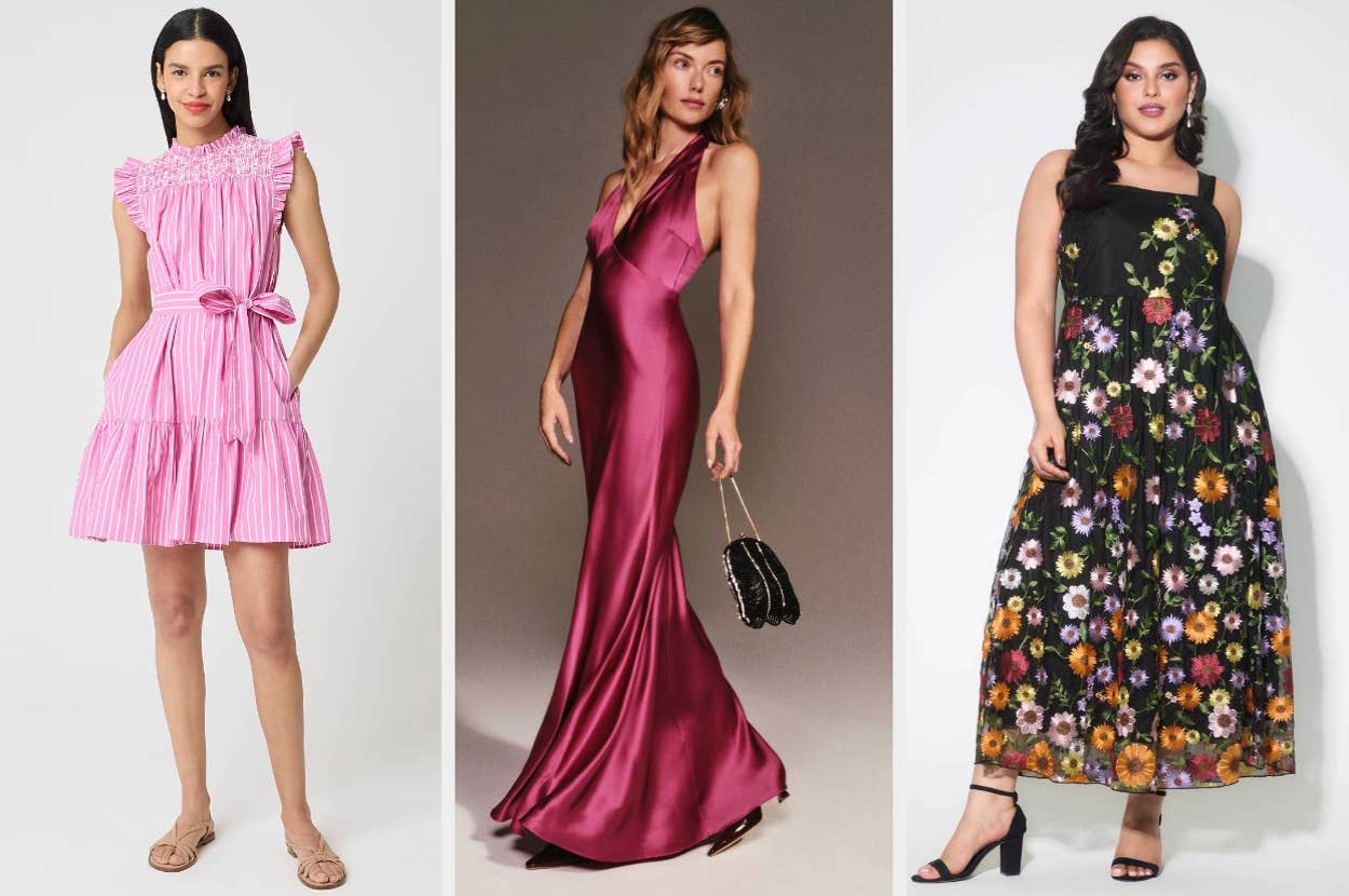 Three women modeling different dresses: a pink ruffled dress, a red satin gown, and a black floral print dress. Fashion shopping article image