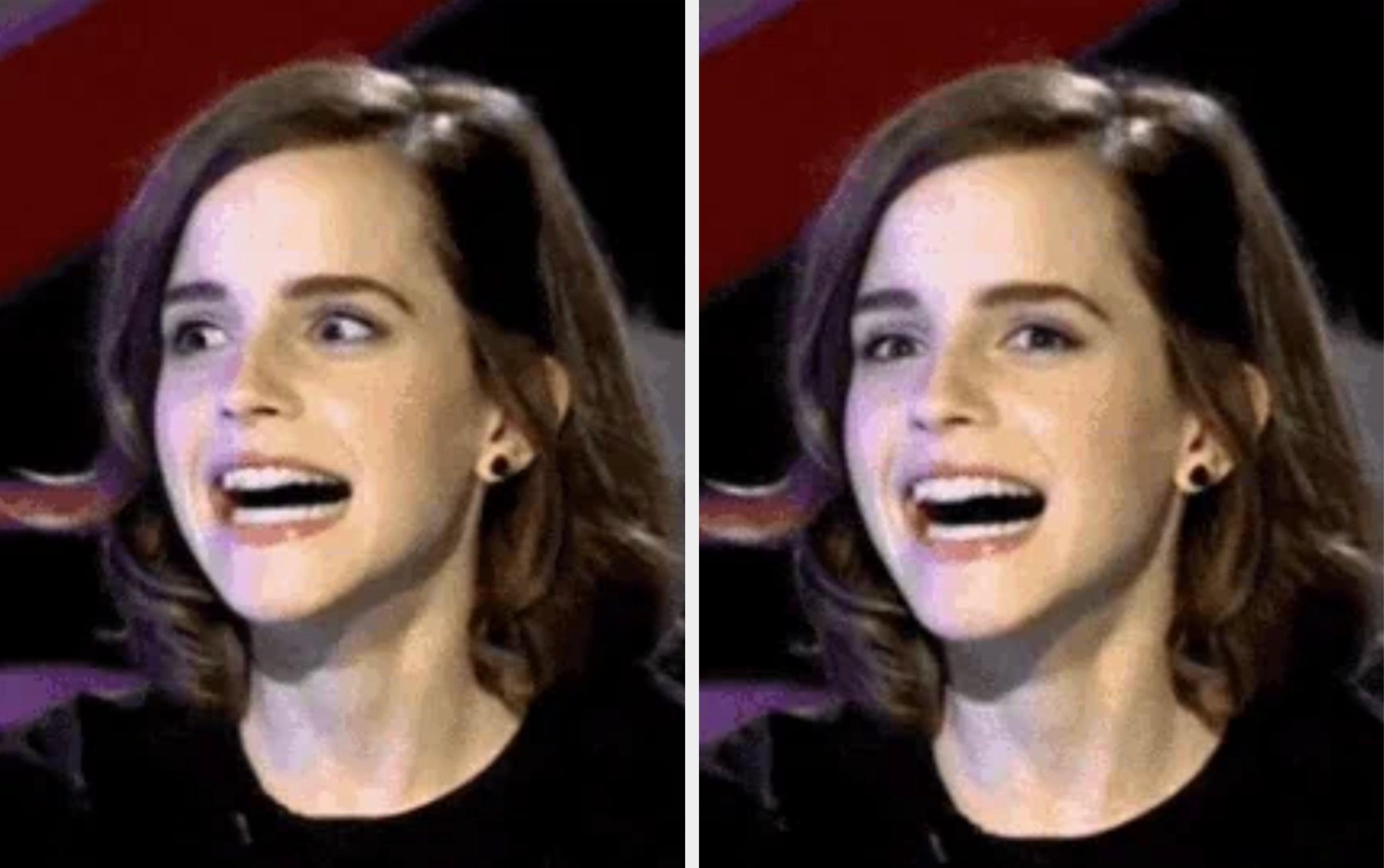 En person med kort hår smiler bredt, virker begeistret eller overrasket mot en uskarp bakgrunn