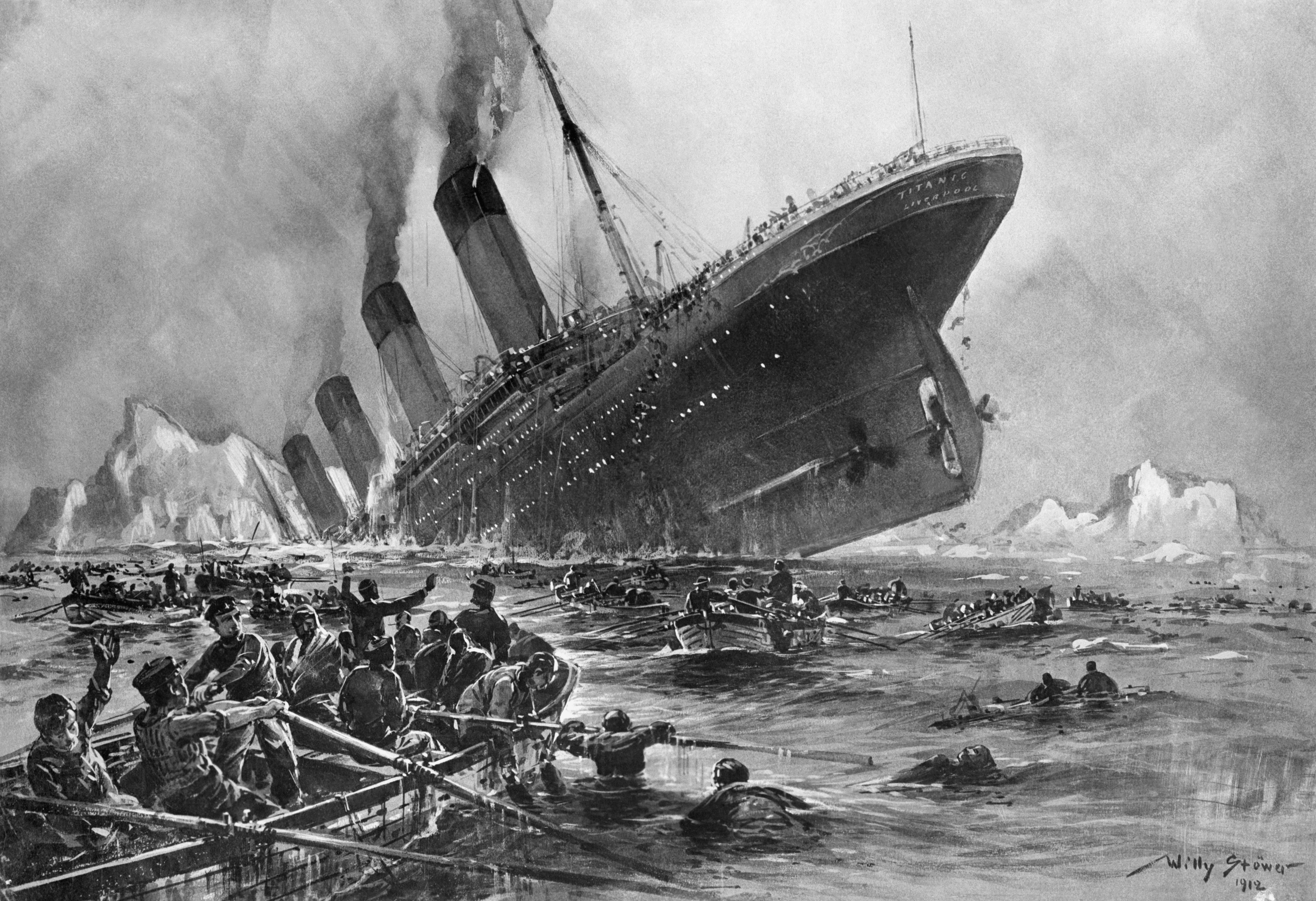 Historic illustration of the Titanic sinking, with lifeboats and radical   successful  the water. Icebergs are disposable   successful  the background