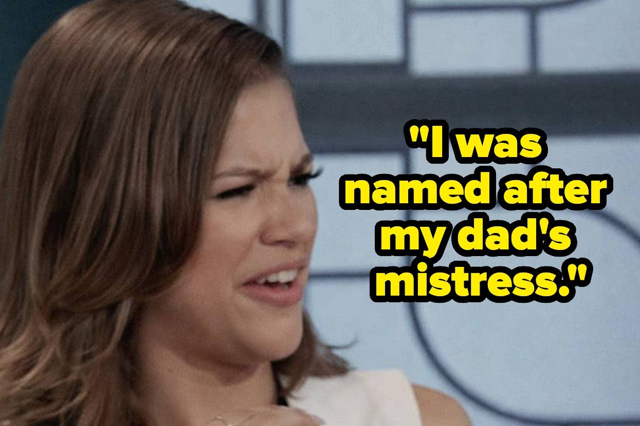 Woman reacting with disbelief to a statement about being named after her dad's mistress