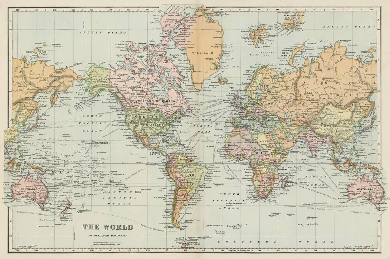 Antique world map illustrating countries, continents, and oceans with labeled borders and geographic details
