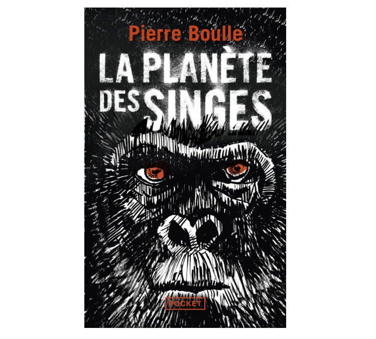 Book screen  for "La Planète des Singes" by Pierre Boulle, featuring a sketch of an ape's look   with aggravated  eyes