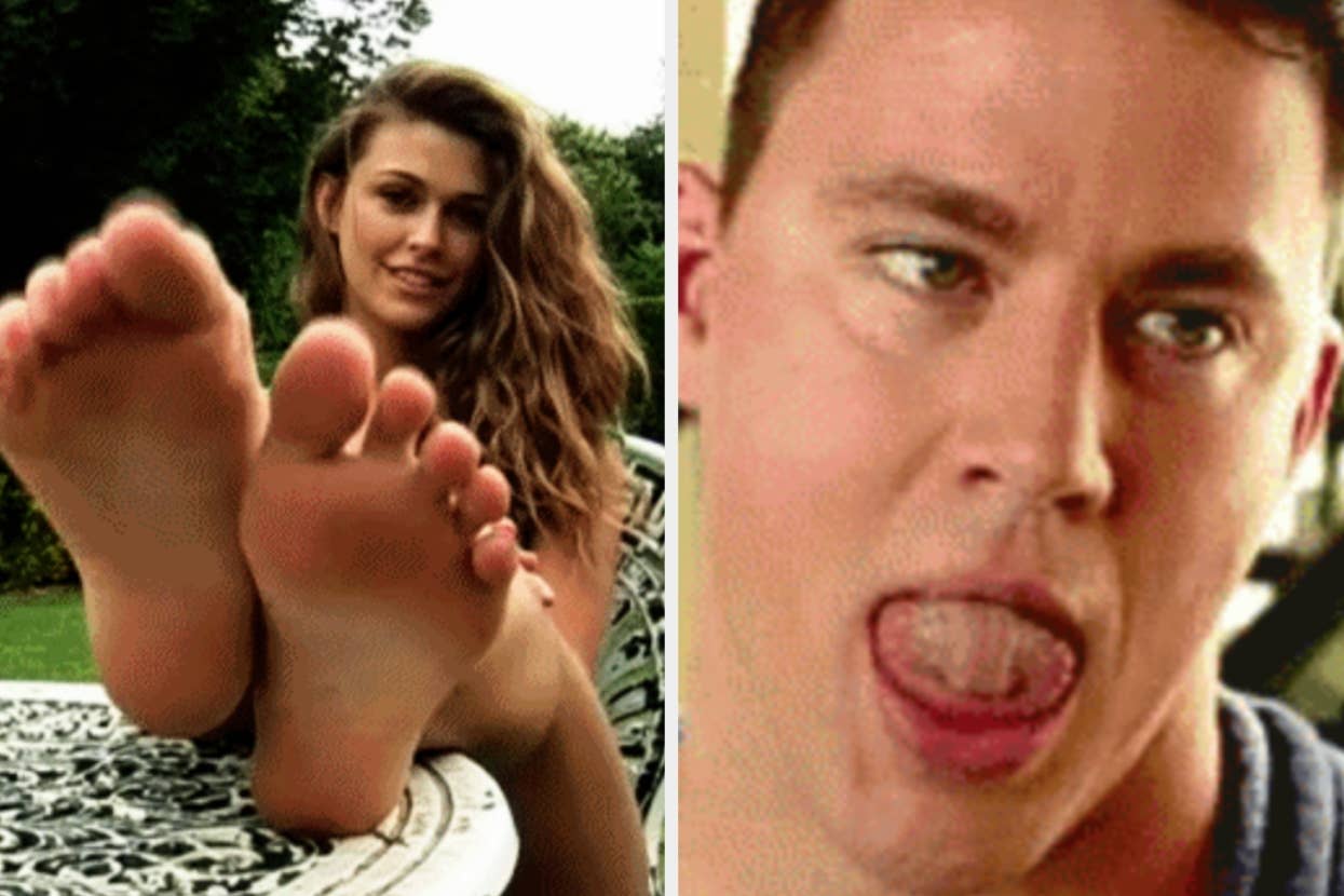 Person lounging outdoors with feet up on a table; another person making a silly face, sticking out their tongue