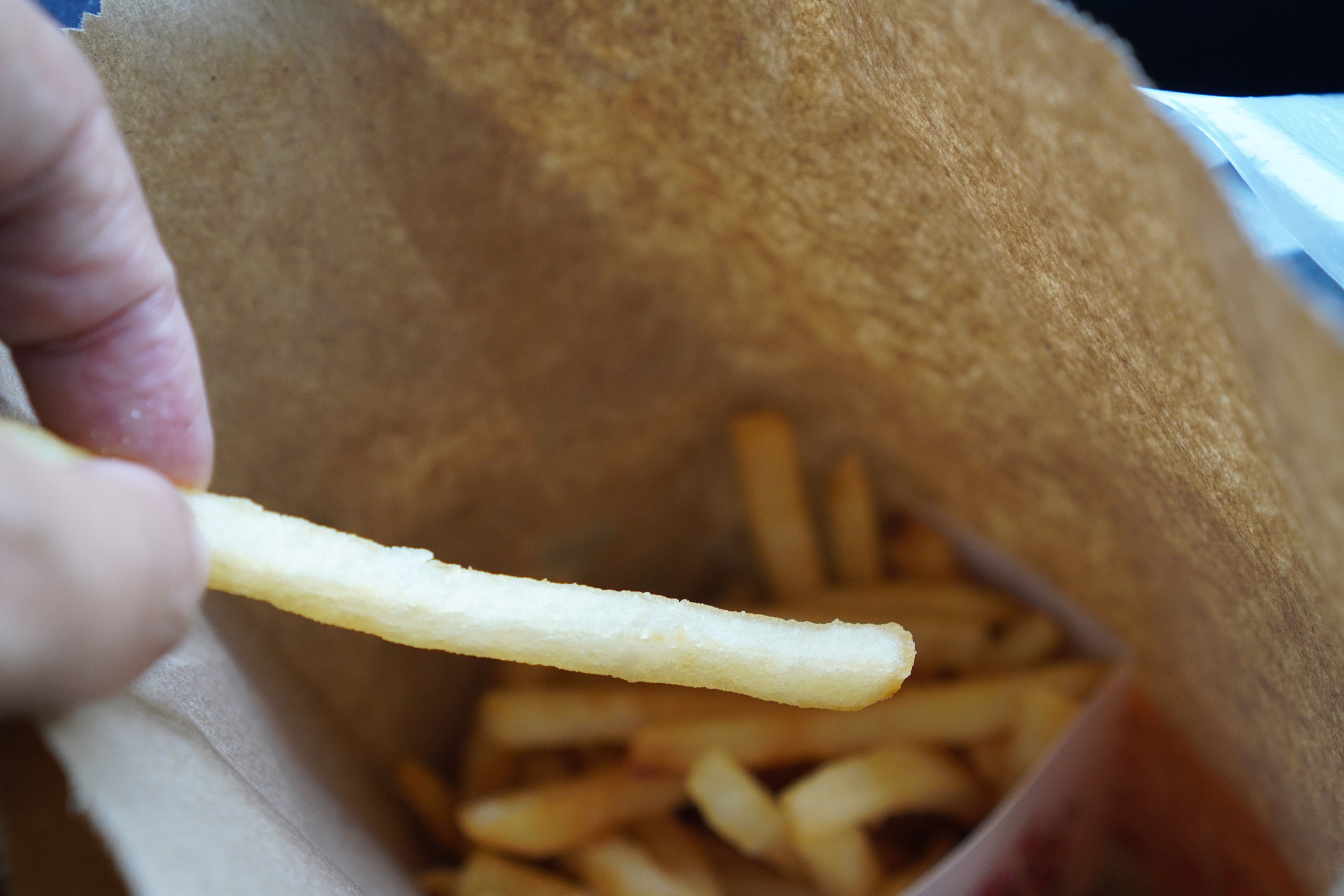 Person holding a azygous  French fry implicit    a insubstantial  container  filled with much  fries