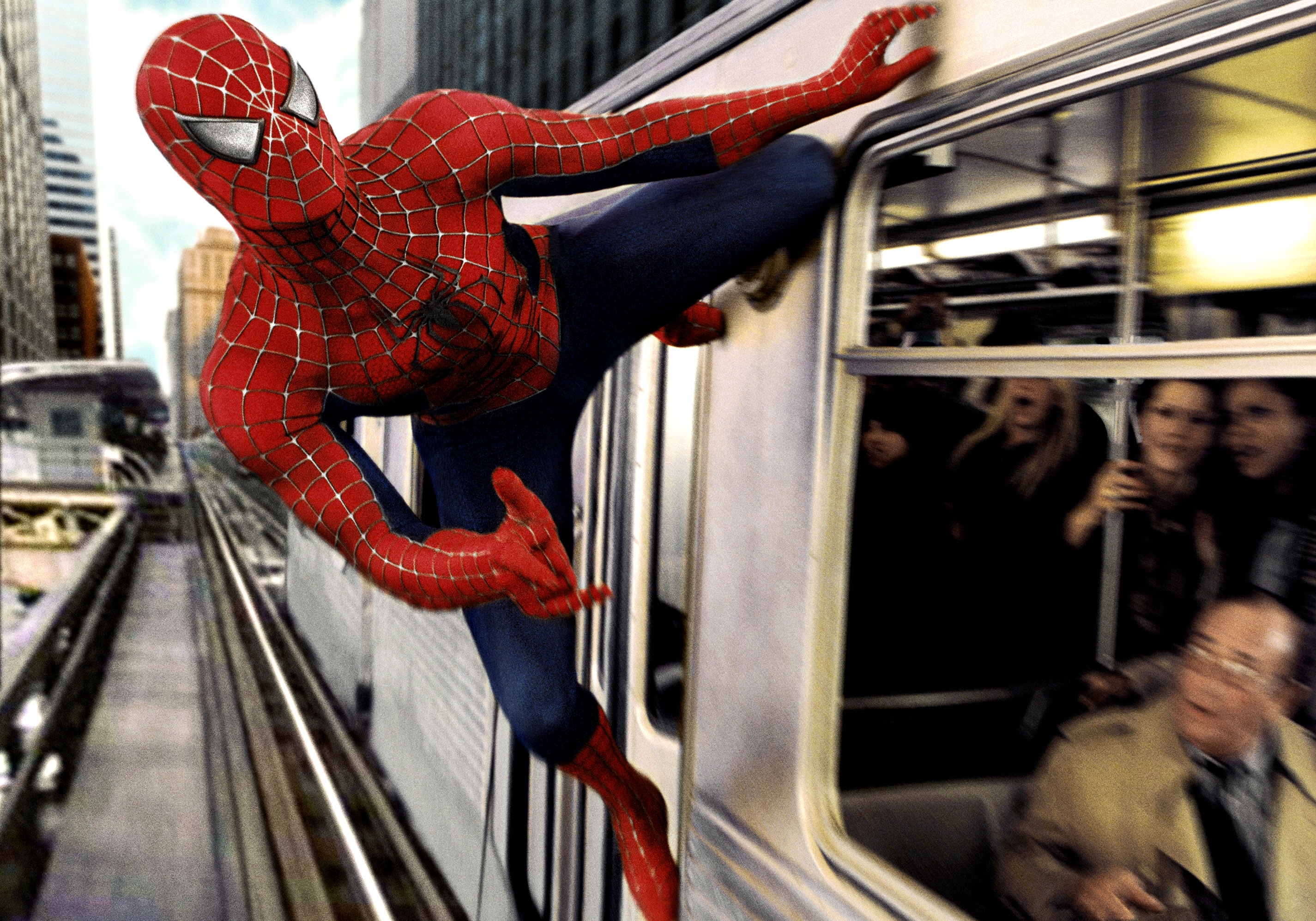 Spider-Man clings to a moving bid     successful  a metropolis  setting, thrilling passengers inside