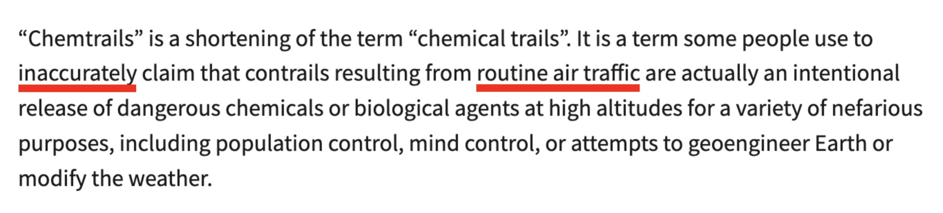 Oppsummering av chemtrails konspirasjonsteori, som hevder at kontrails fra fly frigjør skadelige kjemikalier for kontroll- og miljømanipulasjonsformål
