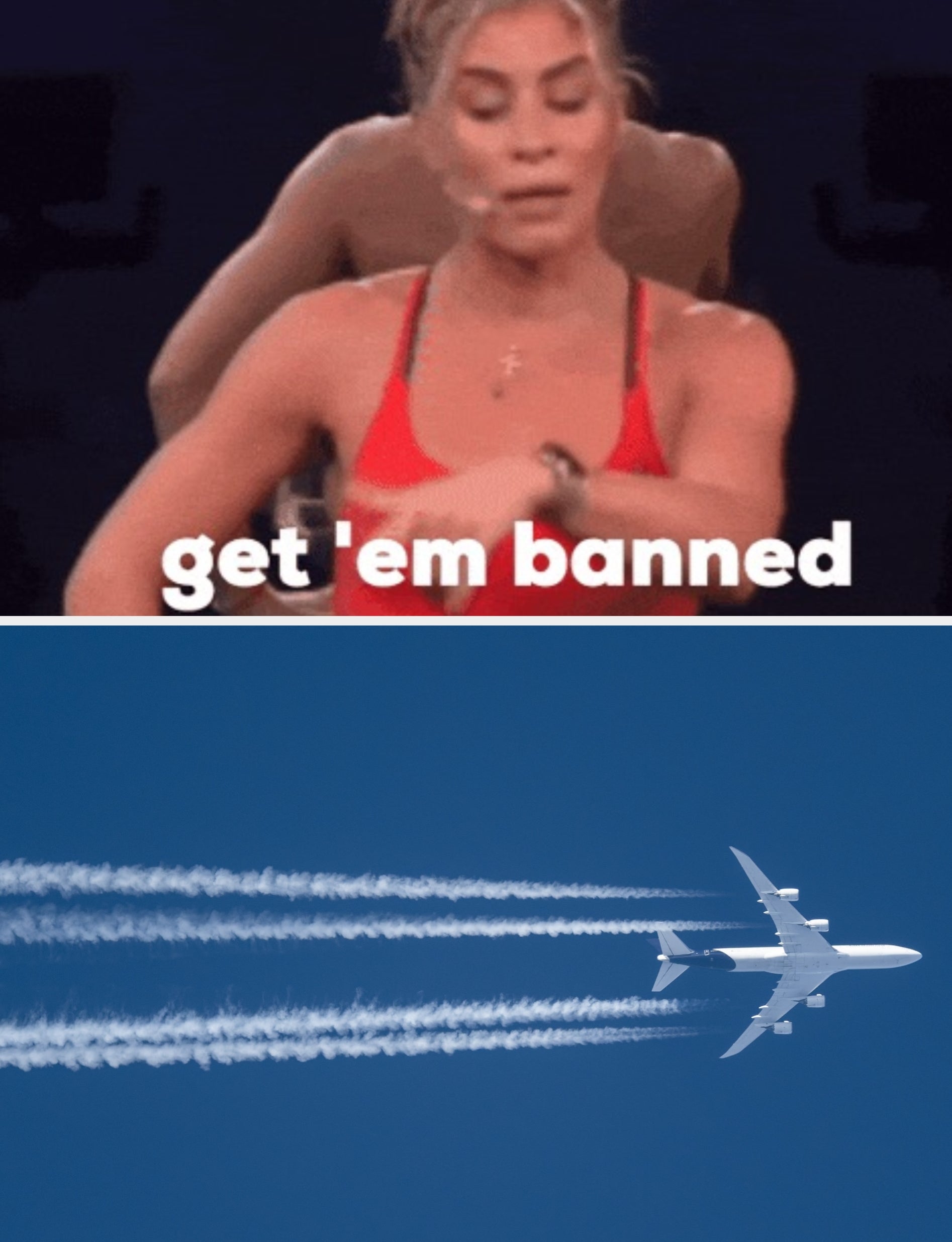 Kendall Poole fra Peloton med teksten "få 'em banned" over et fly som flyr høyt, og etterlater hvite konturer mot en klar himmel