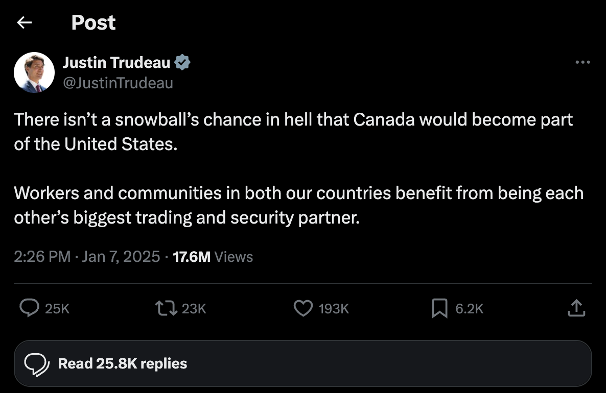 Tweet av Justin Trudeau: "Det er ingen sjanse for snøball i helvete at Canada ville bli en del av USA."