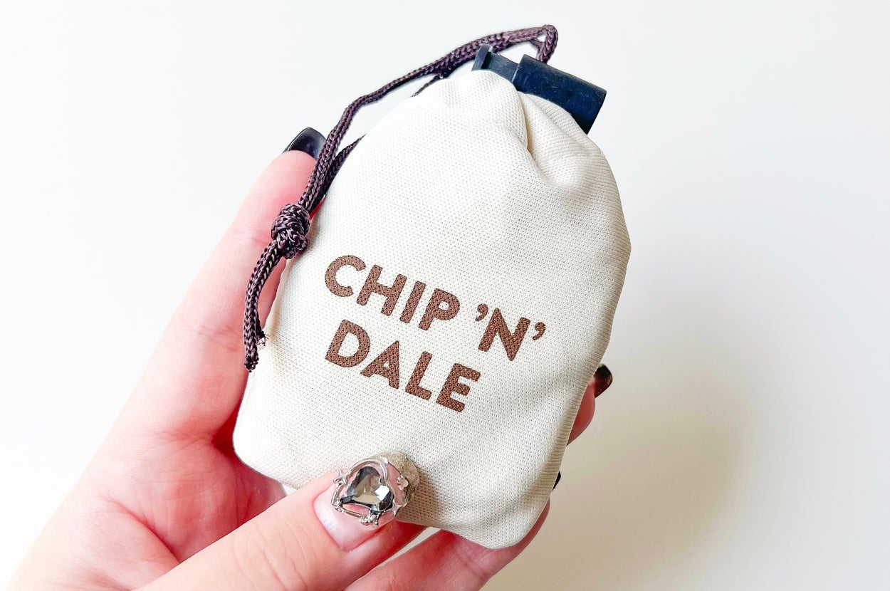 手に持たれた「CHIP 'N' DALE」と書かれた小さな布製バッグ。