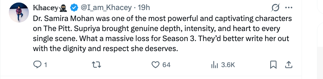 Tweet om Dr. Samira Mohans betydningsfulle rolle i "The Pitt" og hennes skuespiller Supriyas avgang, og fremhever hennes dybde og innvirkning på showet