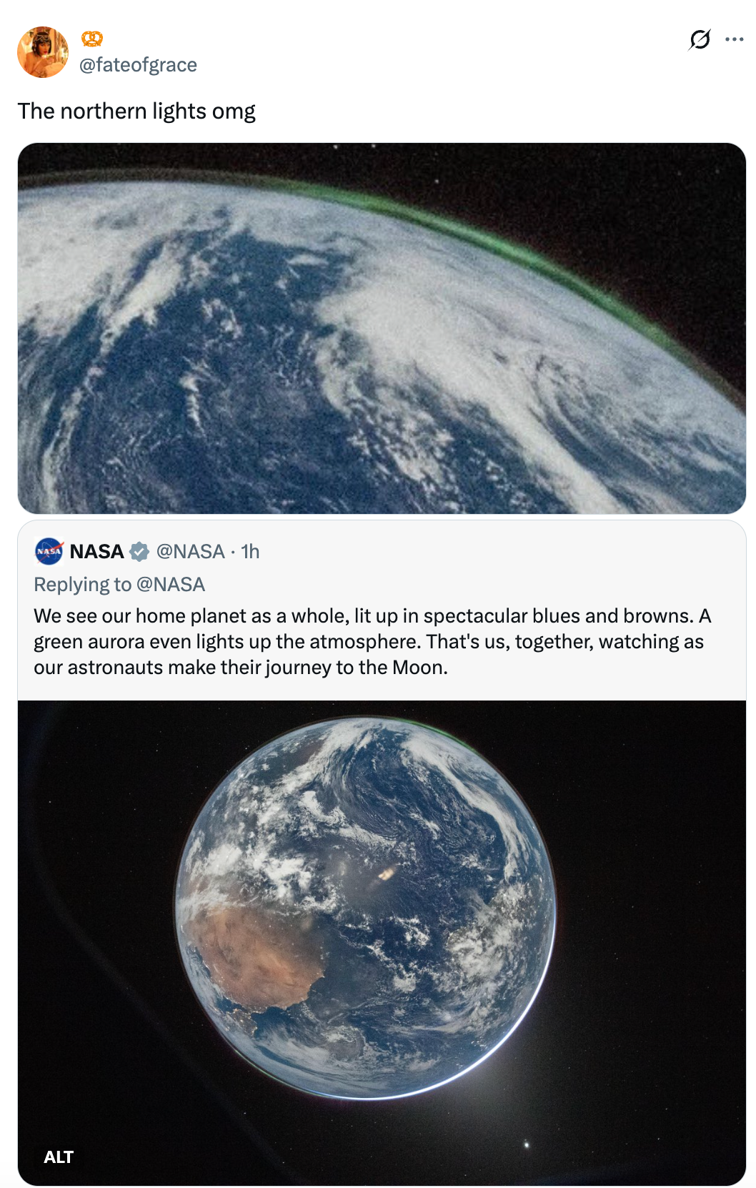 Rombilde av jorden sett fra verdensrommet med grønt nordlys og tekst om jordens skjønnhet og utforskning sammen