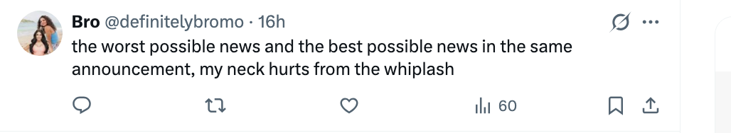 Tweet som leser: "verst mulig nyhet og best mulig nyhet i samme kunngjøring, halsen min gjør vondt av nakkeslengen."