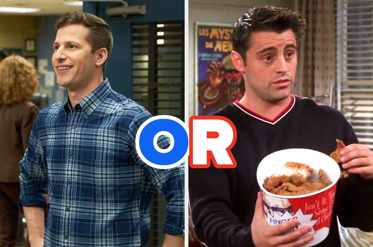 Split image of two TV characters: one smiling in a plaid shirt, the other holding a bucket of chicken with a perplexed expression