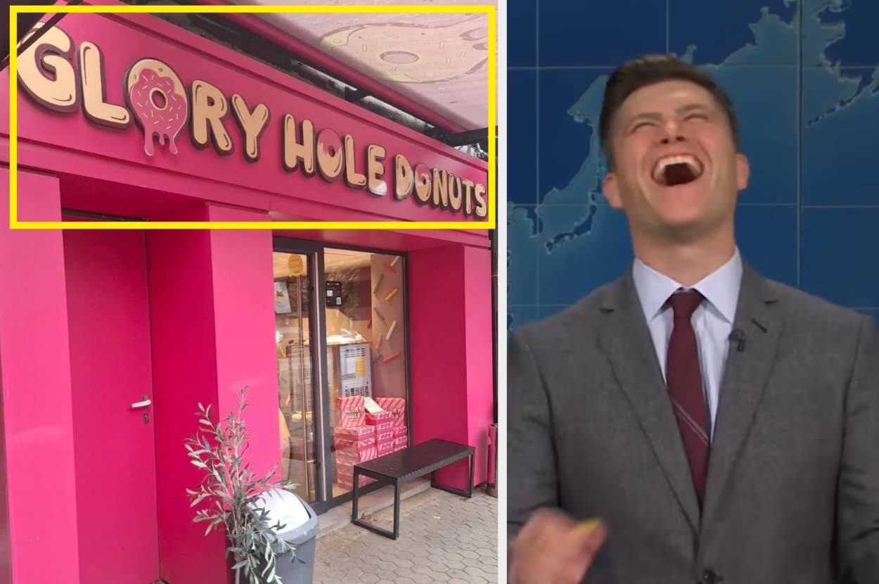 A person laughs next to a storefront that reads "Glory Hole Donuts" with donut imagery