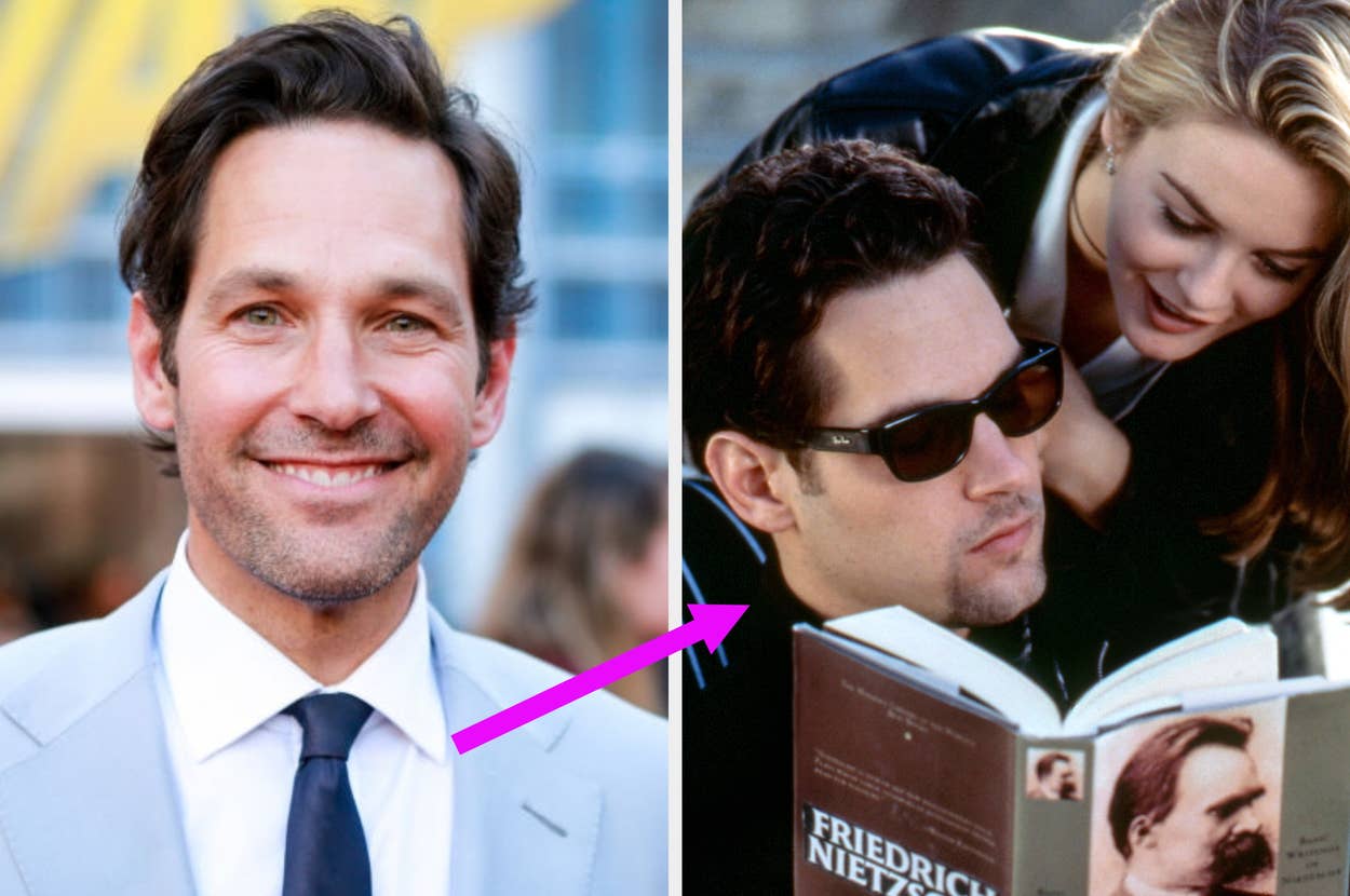 Man in a suit smiles at an event on the left; on the right, he's reading Nietzsche alongside a woman. Arrow points from left to right