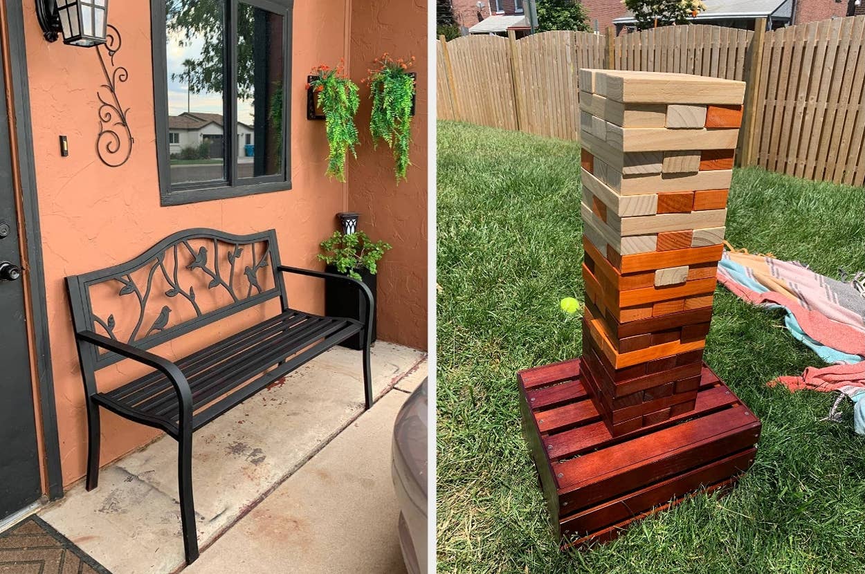 On the left, a decorative bench outside a house. On the right, a large Jenga game setup on grass with colorful wooden blocks