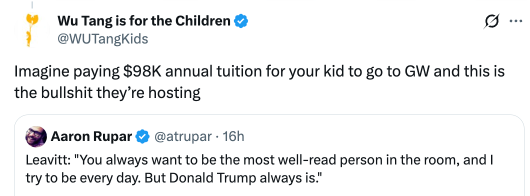 Tweet som kritiserer GW-arrangementets kostnader og innhold, og fremhever et sitat om Donald Trumps lesevaner