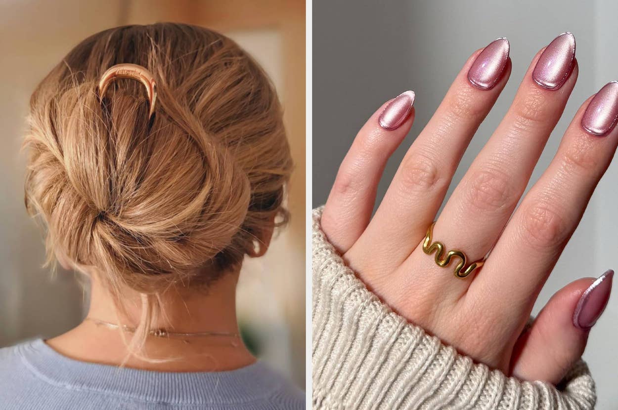 Woman with a hairpin in styled bun; close-up of a hand with glossy nails and a wavy gold ring