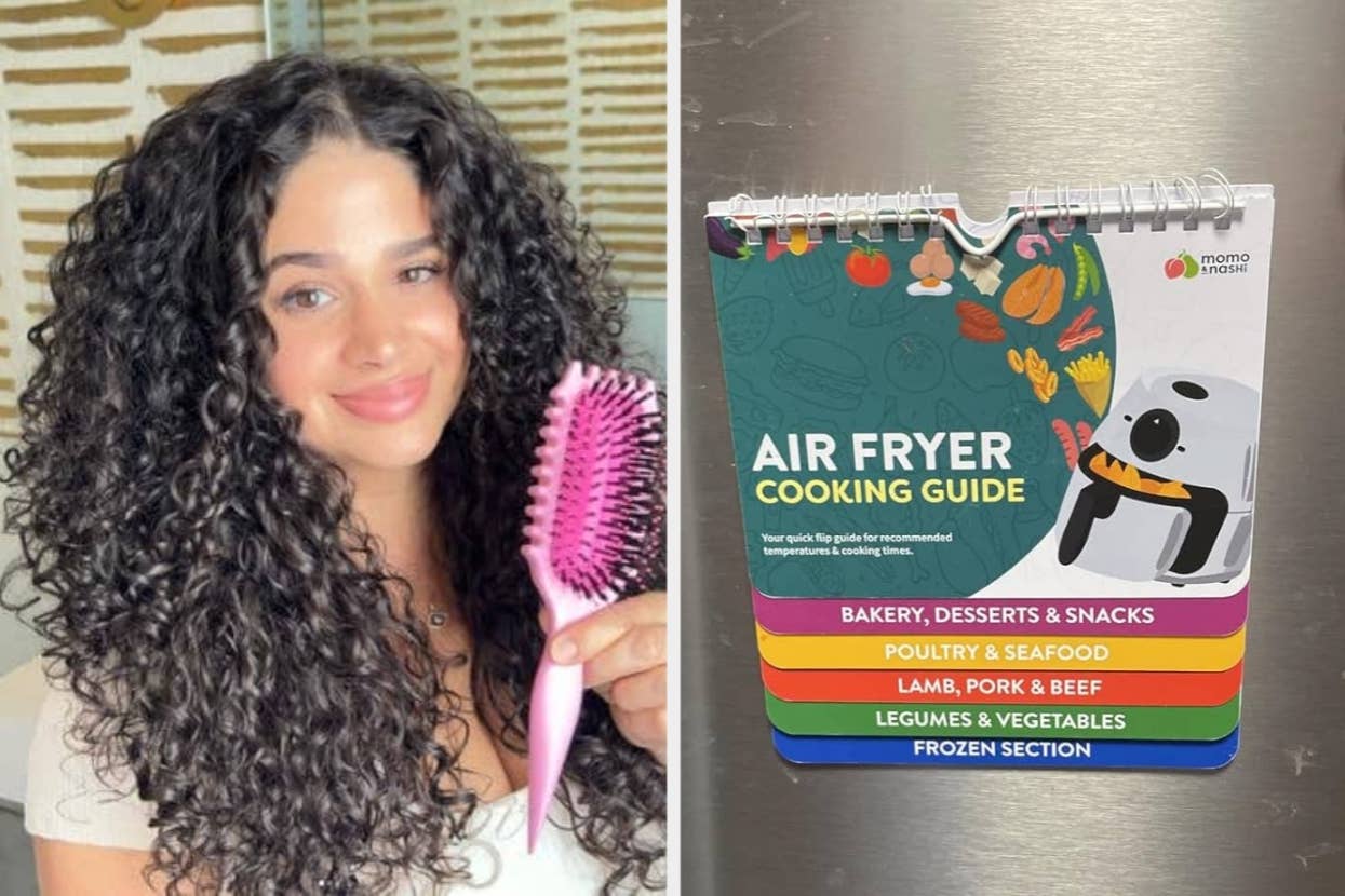 Person with curly hair holding a pink brush, next to an air fryer cooking guide with sections for various foods