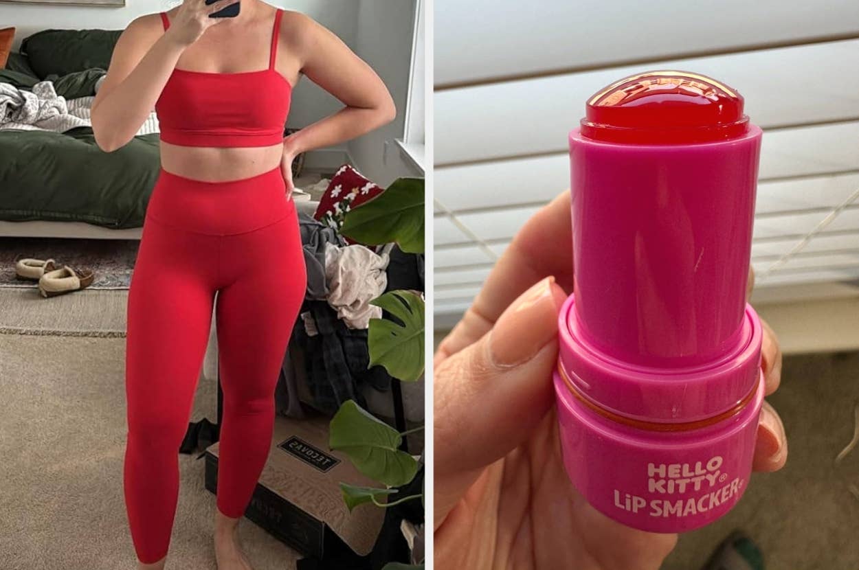 Person wearing a fitted, minimalist red athletic set beside a close-up of Hello Kitty Lip Smacker balm with pink packaging