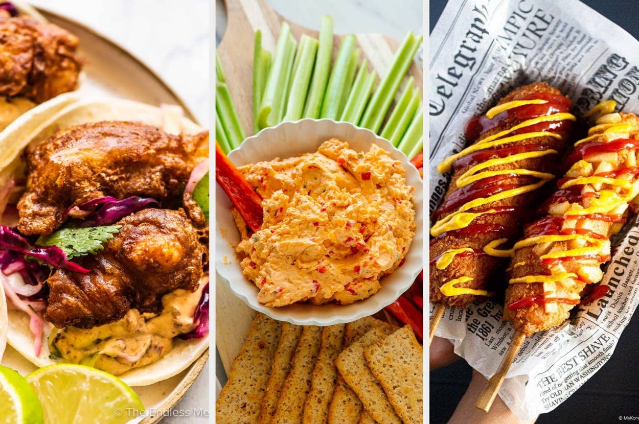 Fried chicken tacos, pimento cheese with crackers, and corn dogs drizzled with mustard and ketchup