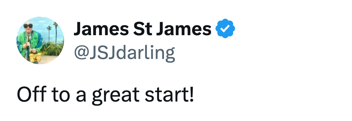 Tweet av James St James lyder: 