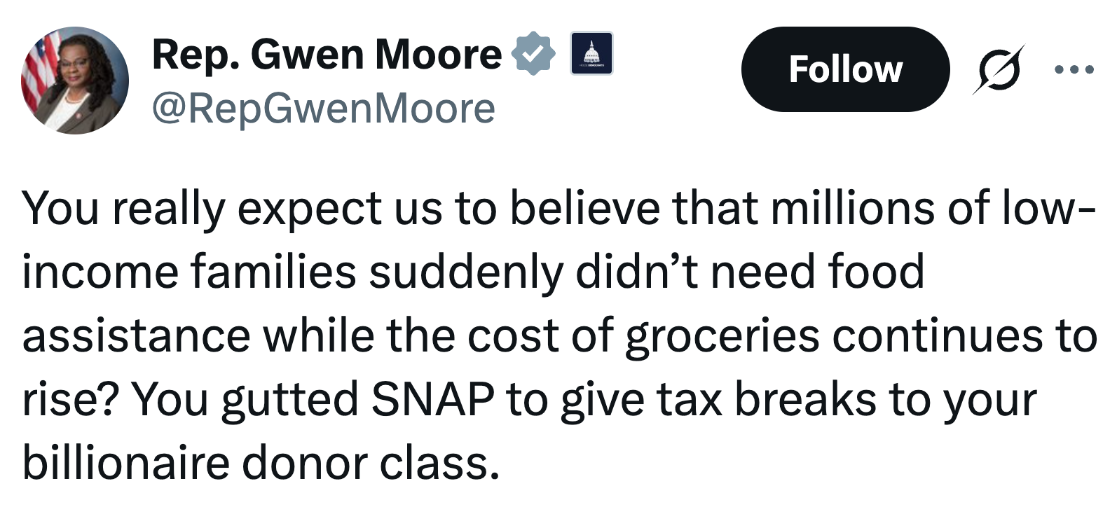 Tweet fra rep. Gwen Moore som kritiserer reduksjonen i SNAP-fordeler og skattelettelser for de velstående midt i økende dagligvarekostnader