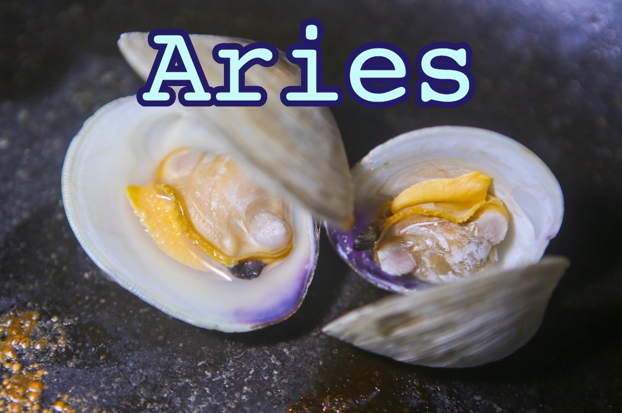 Open clams on a surface with the word "Aries" above them