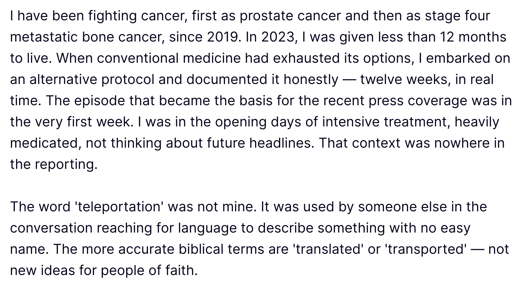 Sammendrag av tekst: En person deler sin kreftreise, mediedekningsspørsmål og avklarer misbruk av "teleportering" i å beskrive behandlinger