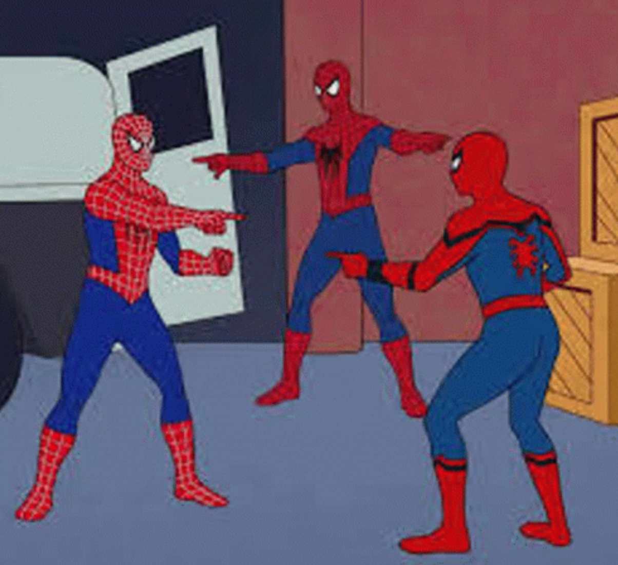 Three identical Spider-Man characters pointing astatine  each   different   successful  confusion, referencing a fashionable  meme