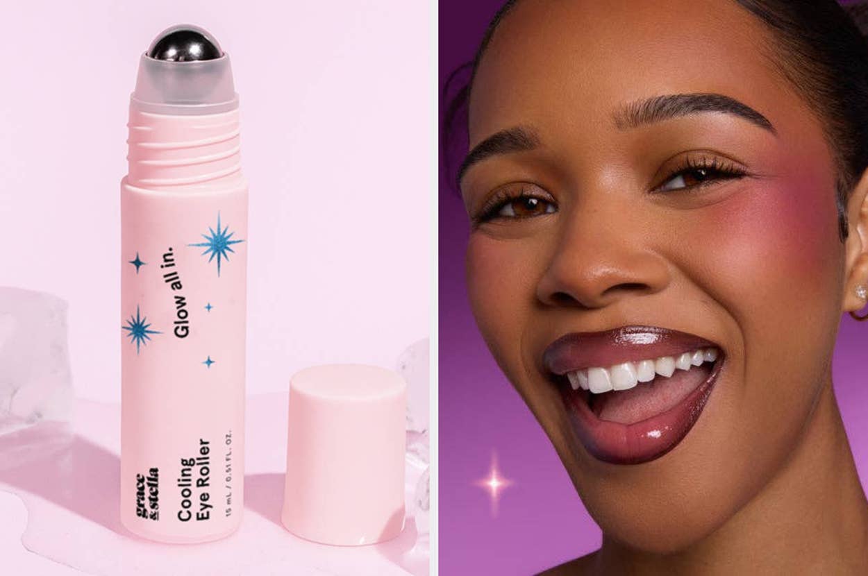 Cooling eye roller beside a young woman with highlighted skin, showcasing skincare benefits in a shopping context