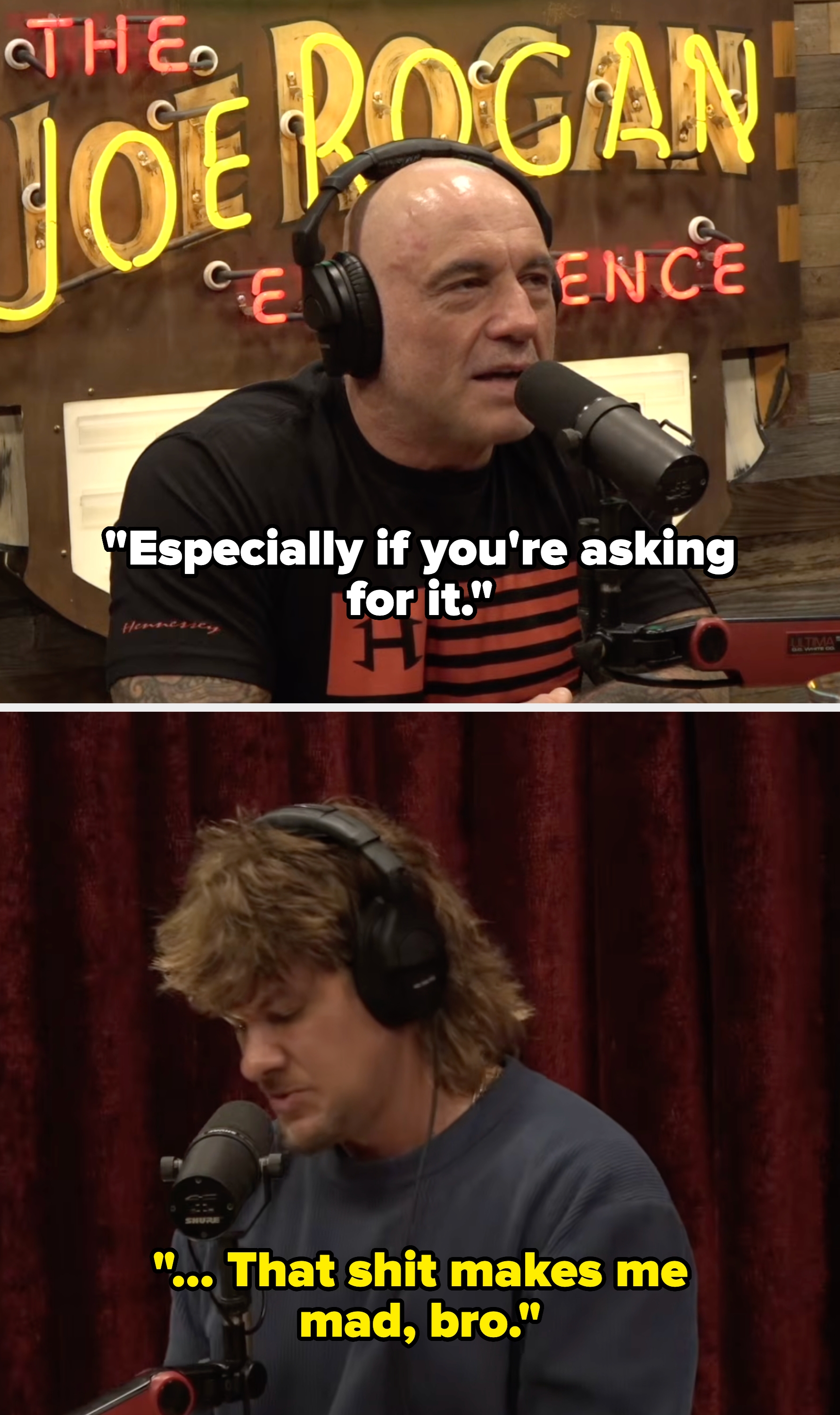 Person speaking into a microphone, wearing headphones connected  a podcast set